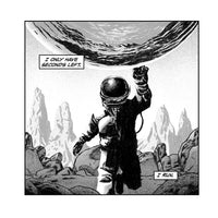 Comic panel of a person in a helmet and suit with mountains in the background