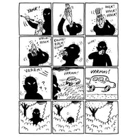 Black and white comic strip with various actions and sounds.