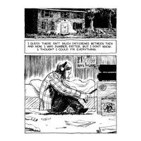 Comic strip with a person sitting on a bench in front of a house, with text overlay.