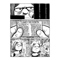 Comic strip with a character looking at a flyer titled 'Tunes for Greta' and reacting with disappointment.