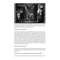 Black and white photo of a band performing on stage with text overlay.