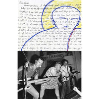 Black and white photo of a band performing with handwritten text overlay