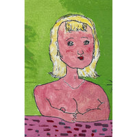 Cartoon-style illustration of a woman with blonde hair on a green background