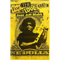 Poster with a stylized image of a person holding a gun on a yellow background with text.