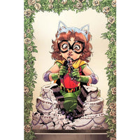 Comic book cover with a character in superhero costume sitting on a cake, surrounded by floral decorations.