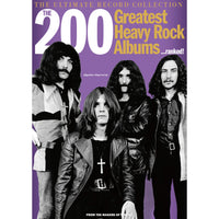Book cover featuring four individuals from a heavy rock band with text about 200 greatest heavy rock albums.