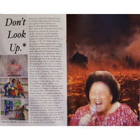 Collage of a woman singing into a microphone with text on the left and a fiery background.