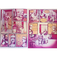 Comic strip with character interactions and dialogue bubbles on a pink background
