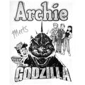 Illustration of Archie meeting Godzilla with text on a white background