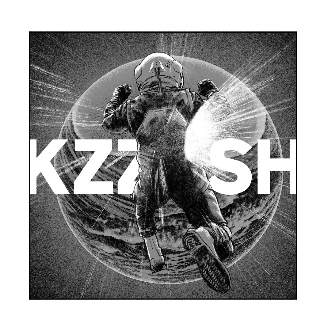 Black and white illustration of a person in a spacesuit with 'KZASH' text.