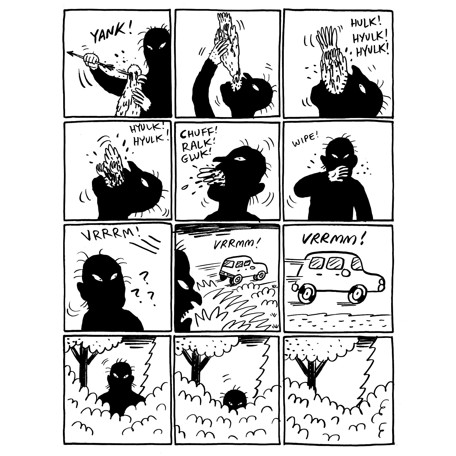 Black and white comic strip with various actions and sounds.