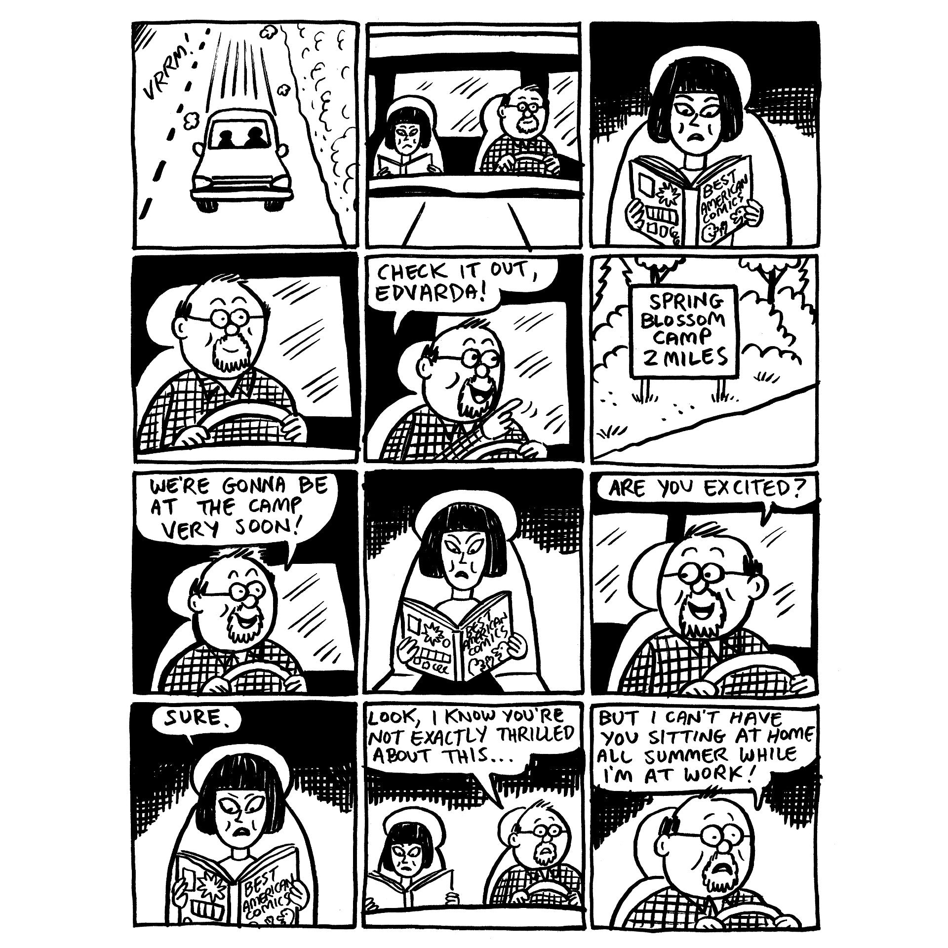 Black and white comic strip with multiple panels showing a conversation between two characters.