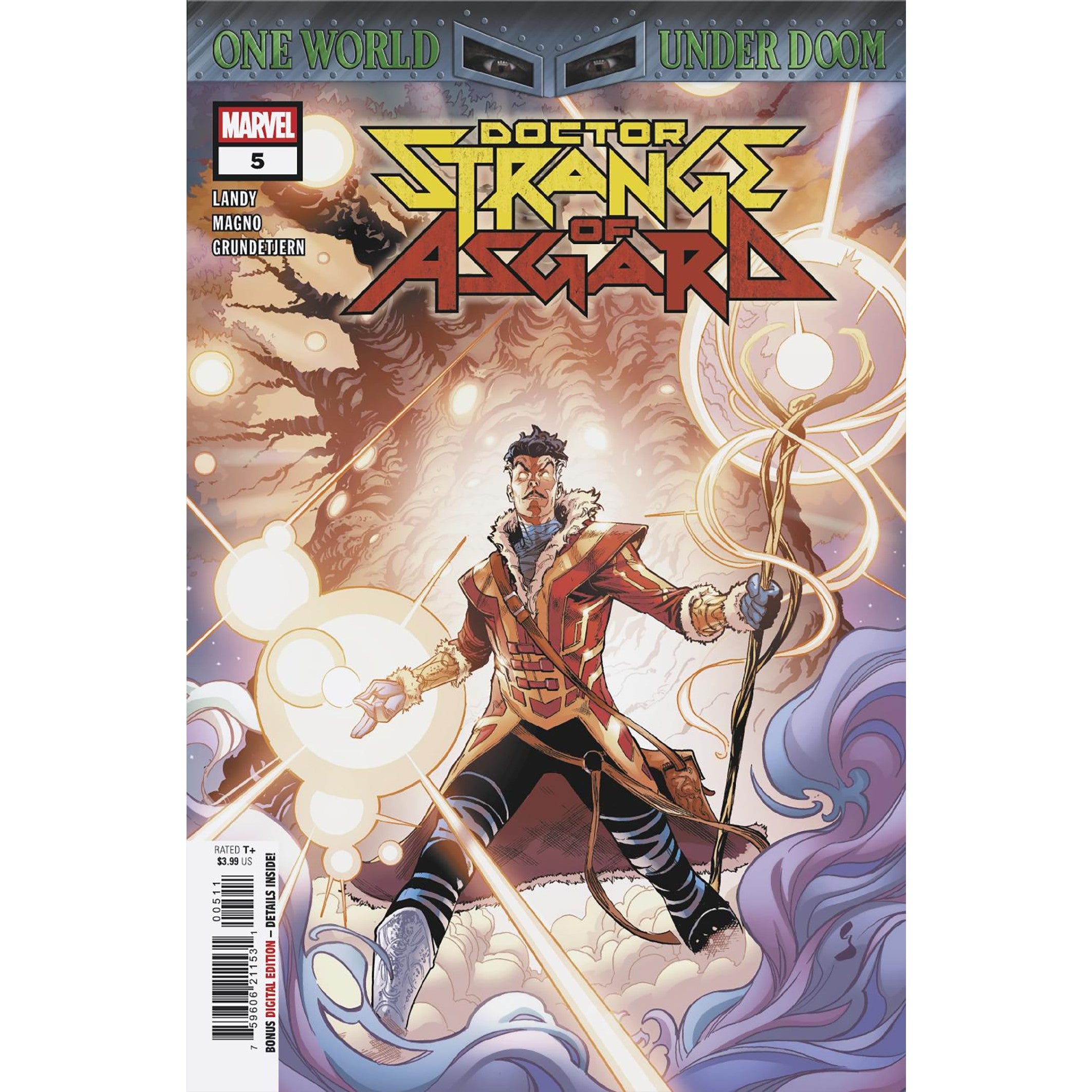 Comic book cover featuring Doctor Strange of Asgard with mystical energy and Marvel branding.