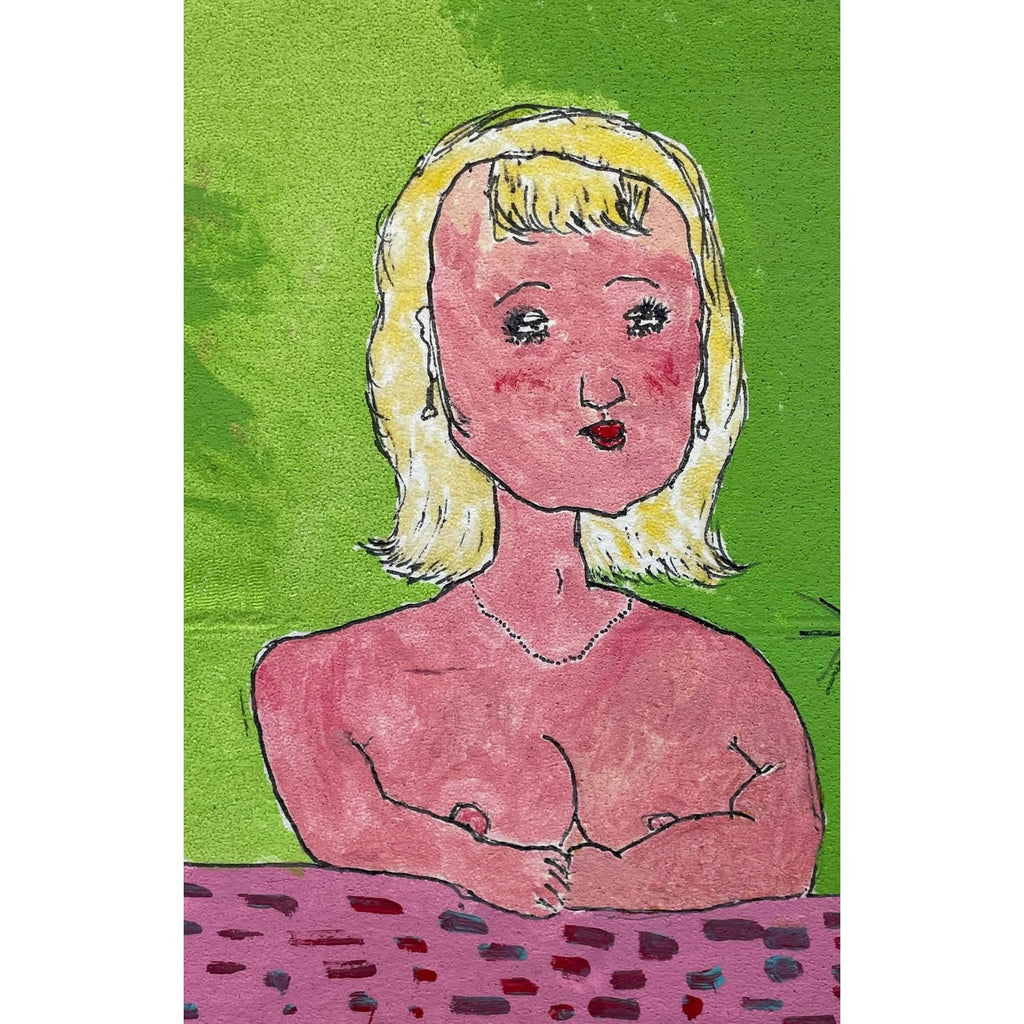 Cartoon-style illustration of a woman with blonde hair on a green background