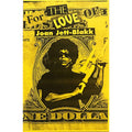 Poster with a stylized image of a person holding a gun on a yellow background with text.