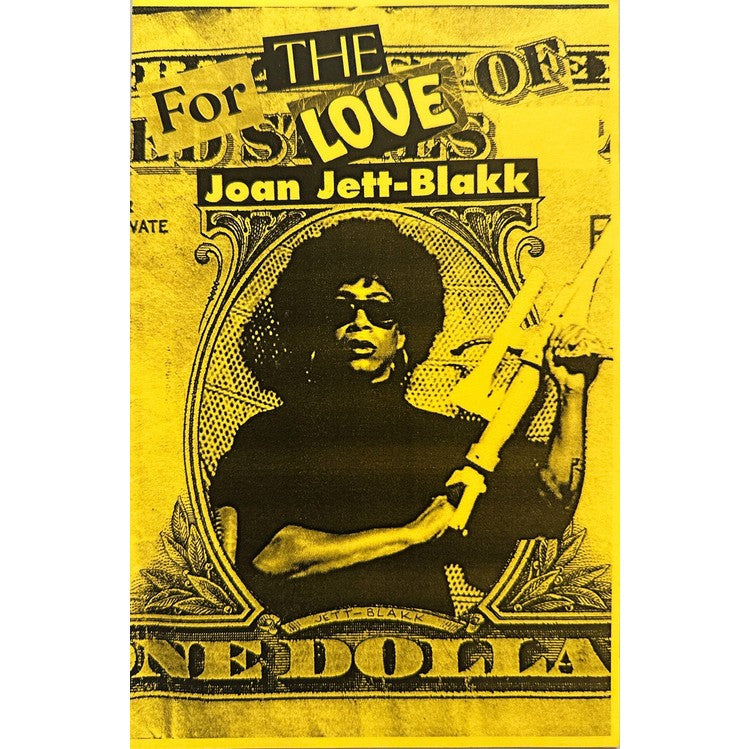 Poster with a stylized image of a person holding a gun on a yellow background with text.