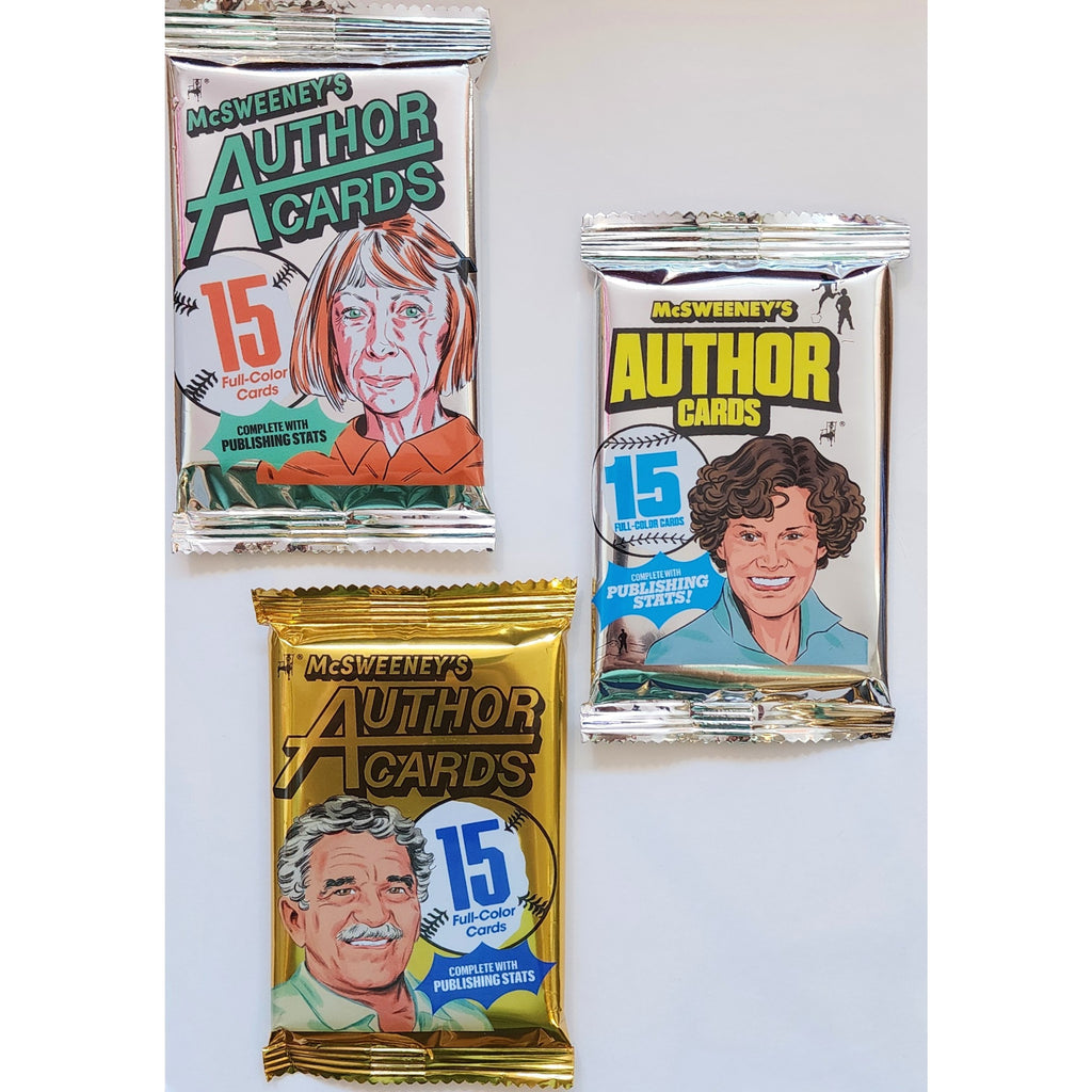 Three packages of McSweeney's Author Cards on a white background
