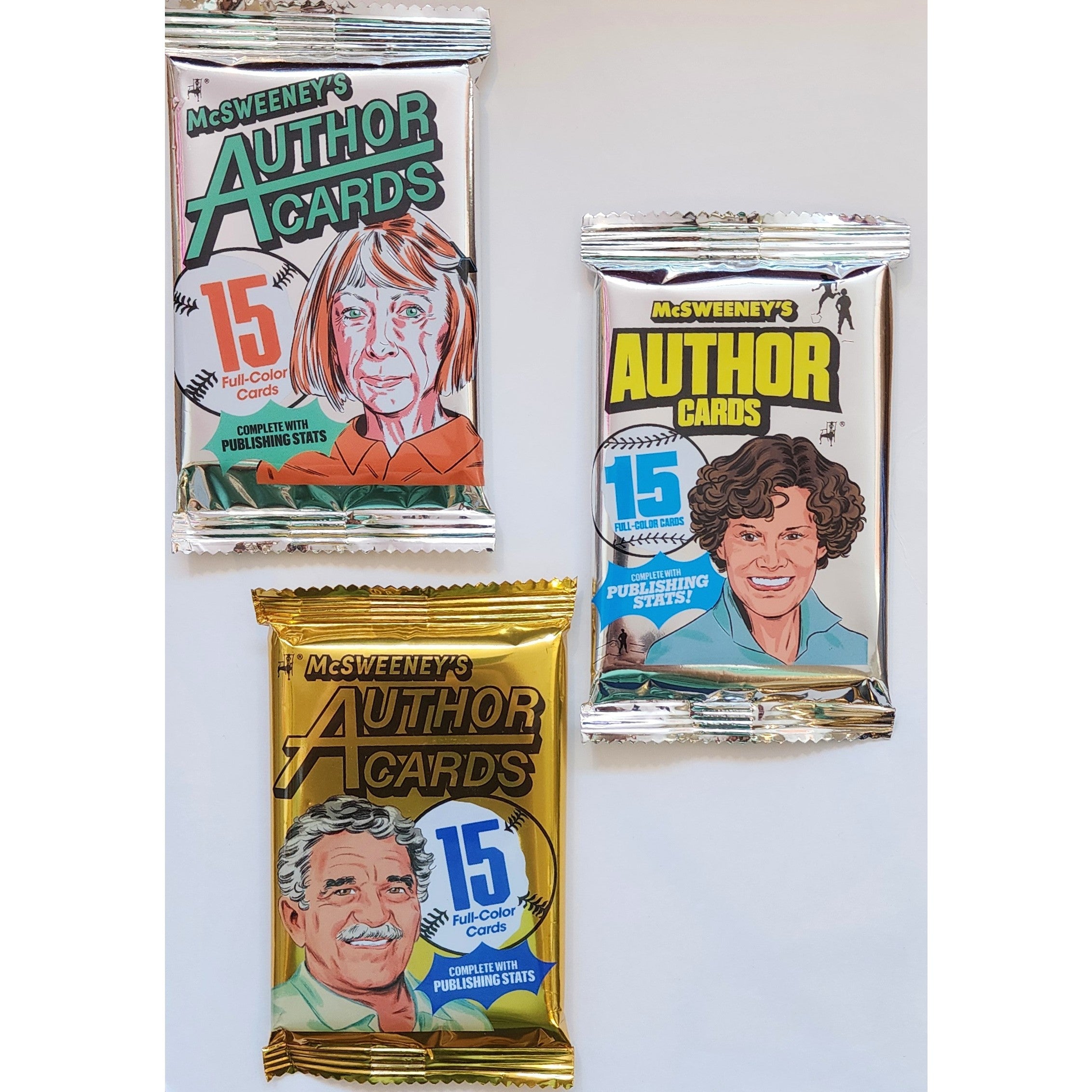 Three packages of McSweeney's Author Cards on a white background