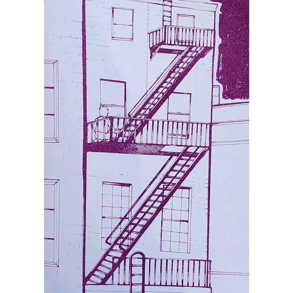 Purple fire escape ladder on a building facade