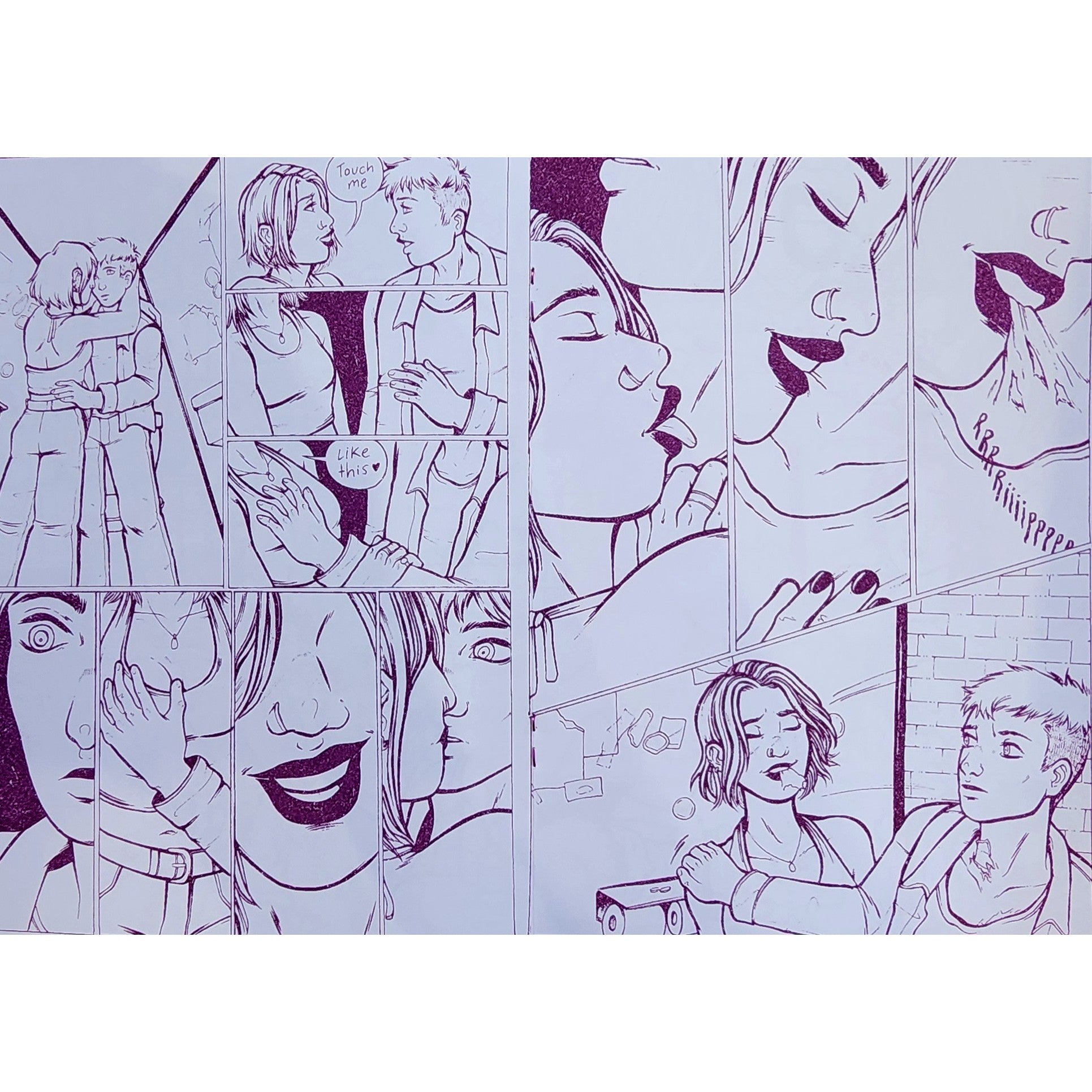 Comic strip with various characters and expressions on a light purple background