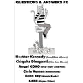 Cartoon cat on a mailbox with text listing contributors to 'Questions & Answers #2' zine project.