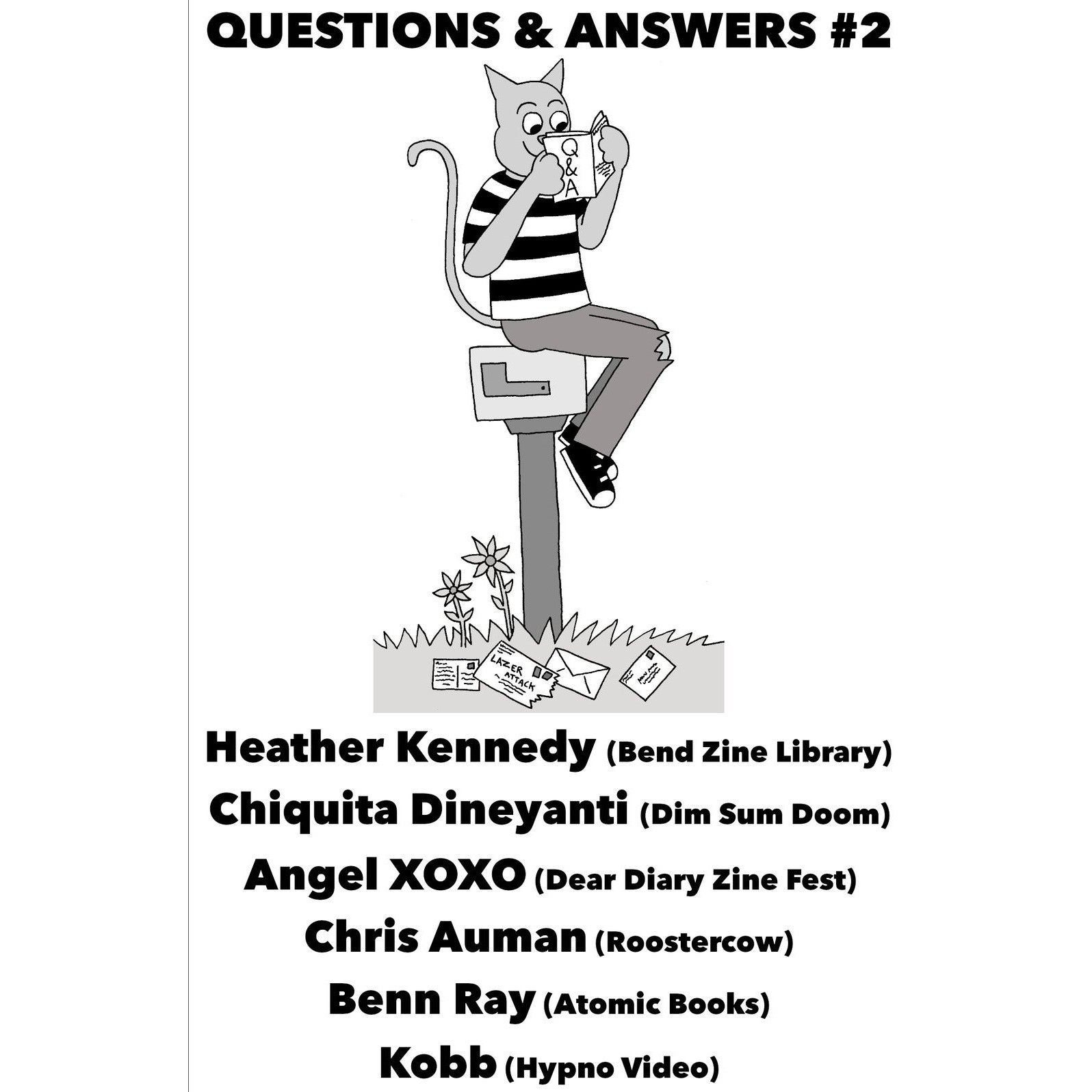 Cartoon cat on a mailbox with text listing contributors to 'Questions & Answers #2' zine project.