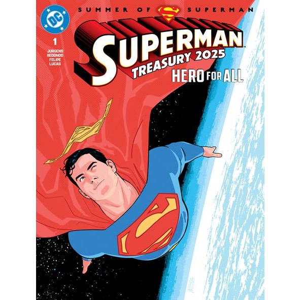 Superman comic book cover with red cape and blue suit on a white background