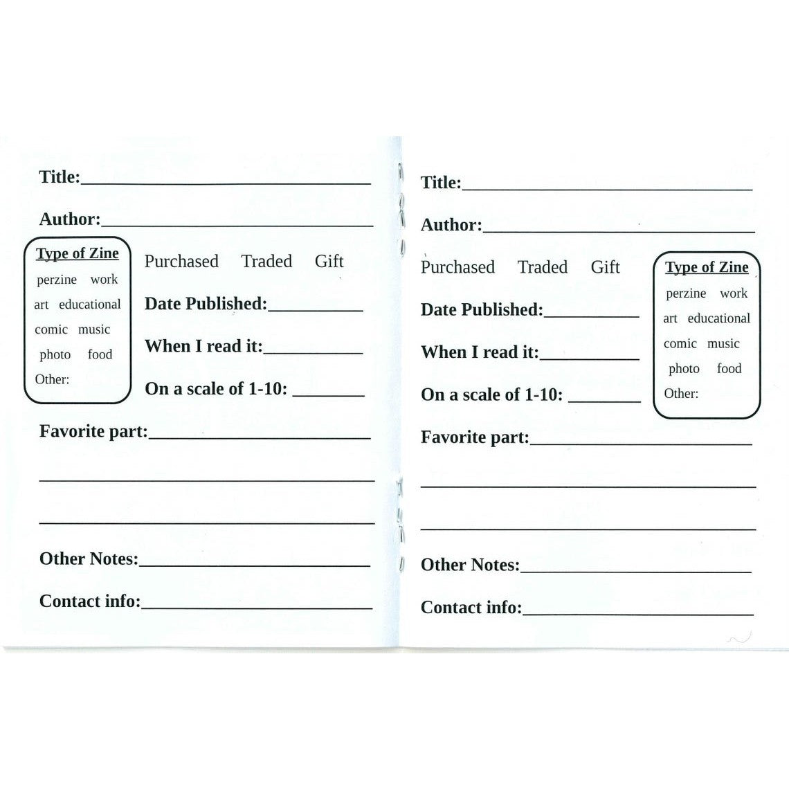 Zinester Reading Log